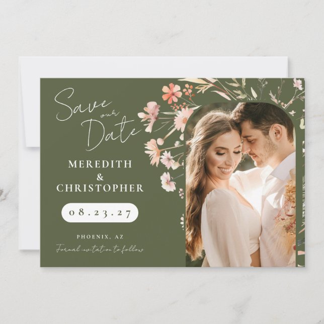 Reserva La Fecha Foto de boda con flores silvestres boho verdes (Anverso)