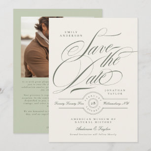 Reserva La Fecha Foto de boda con guión verde de pistacho