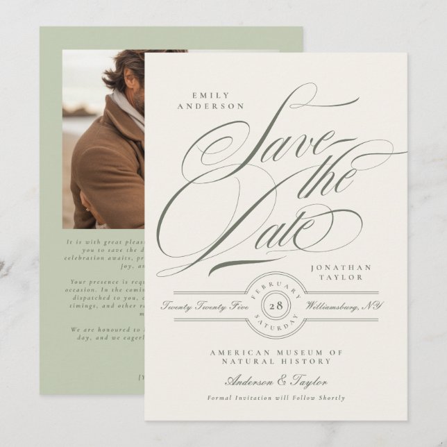 Reserva La Fecha Foto de boda con guión verde de pistacho (Anverso / Reverso)