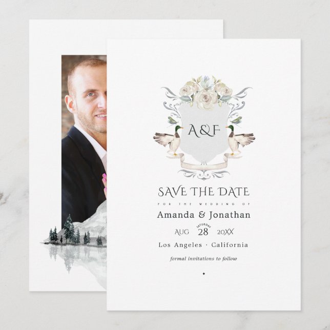 Reserva La Fecha Foto de boda con monograma de cresta junto al lago (Anverso / Reverso)