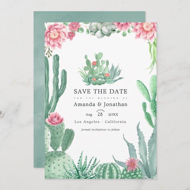 Reserva La Fecha Foto de boda con suculentas acuarela (Anverso / Reverso)