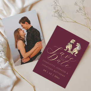 Reserva La Fecha Foto de Boda de Burgundy con Tema de Dinosaurios