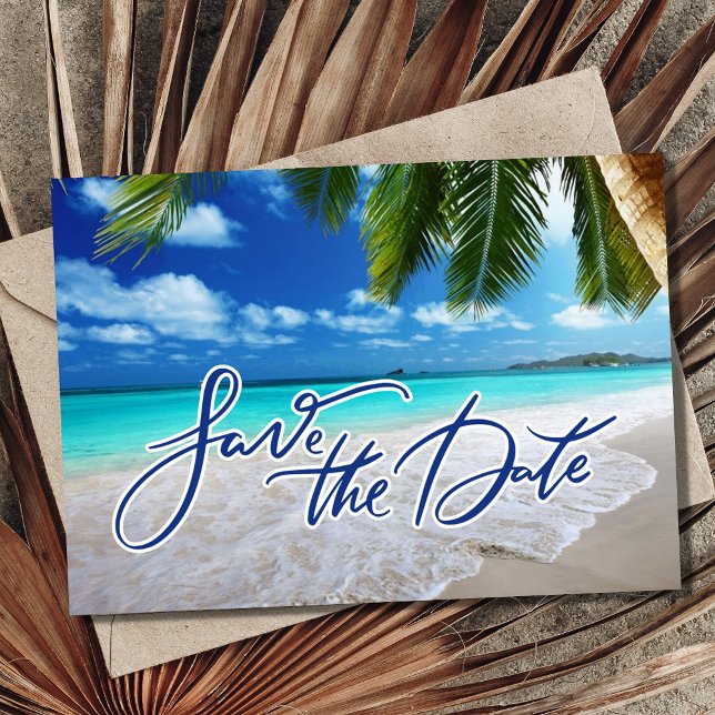 Reserva La Fecha Foto de Boda de Destino de Playa Palm Tropical (Tropical Palm Beach Destination Wedding Photo Save The Date)