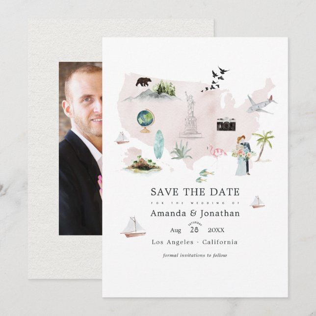 Reserva La Fecha Foto de boda de destino en Florida con acuarela (Anverso / Reverso)