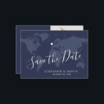 Reserva La Fecha Foto De Boda De Destino Guardar La Fecha<br><div class="desc">El mapa del mundo azul y blanco de la marina ahorra la tarjeta de fecha para una boda de destino con un marcador móvil de la ubicación del corazón y tu foto de compromiso junto con tipografía moderna linda y elegante que es bonito y minimalista. Perfecto para una boda de...</div>