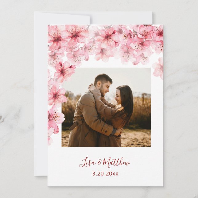 Reserva La Fecha Foto de boda de flor de cerezo con acuarela desvan (Anverso)