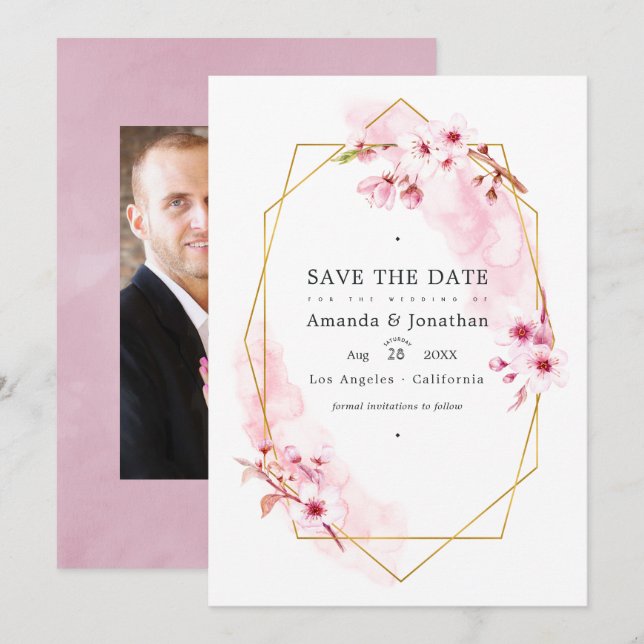 Reserva La Fecha Foto de boda de flor de cerezo rosa geométrica de  (Anverso / Reverso)
