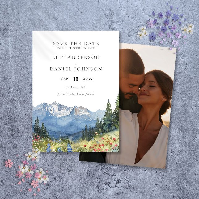 Reserva La Fecha Foto de Boda de Flor Silvestre de Montaña en Acuar (Watercolor Mountain Wildflower Photo Wedding Save The Date)