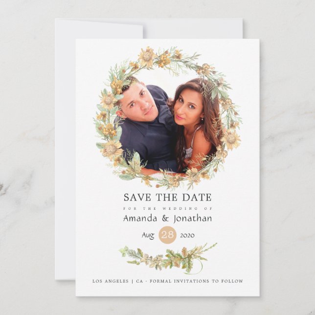 Reserva La Fecha Foto de boda de flores silvestres del bosque con a (Anverso)