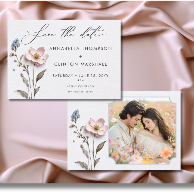 Reserva La Fecha Foto de Boda de flores silvestres pastel a presión (Modern Pressed Pastel Wildflowers Wedding Photo Save The Date)