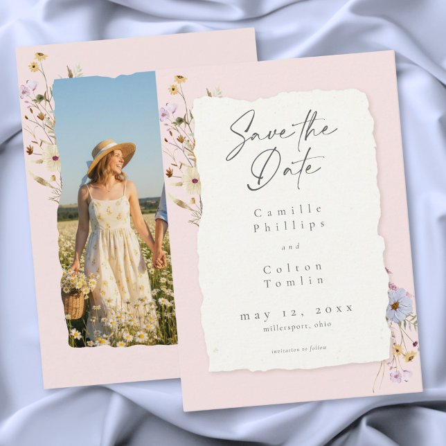 Reserva La Fecha Foto de boda de flores silvestres románticas rosa  (Rustic Pink Romantic Wildflower Wedding Photo Save The Date)