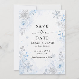 Reserva La Fecha Foto de boda de invierno floral copo de nieve azul