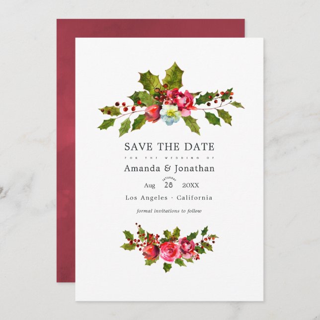 Reserva La Fecha Foto de boda de Navidad con acebo (Anverso / Reverso)