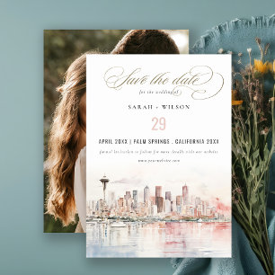 Reserva La Fecha Foto de boda de paisaje al acuarela de Seattle Was