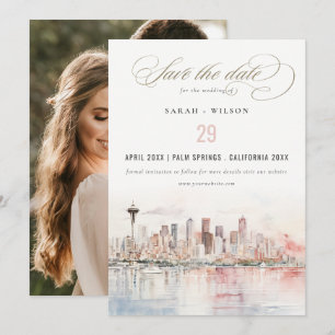 Reserva La Fecha Foto de boda de paisaje al acuarela de Seattle Was
