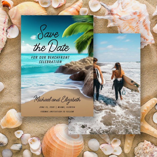 Reserva La Fecha Foto de boda de palmera de playa tropical (Tropical beach/ocean/palm trees wedding Save the Date photo card)