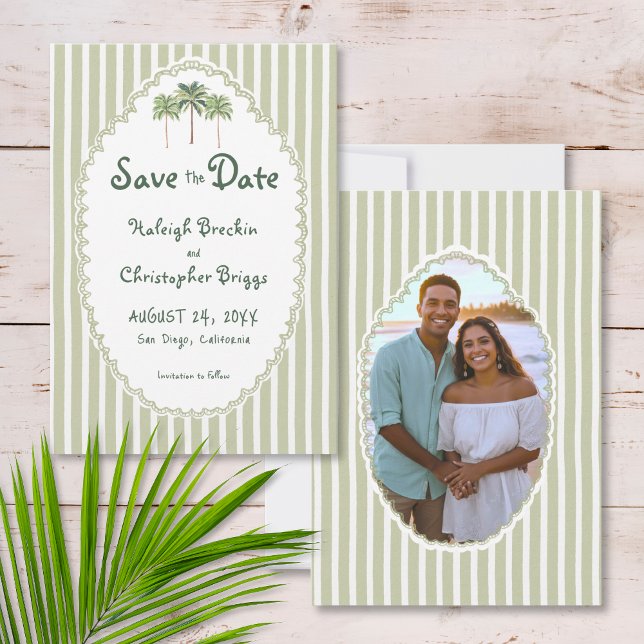 Reserva La Fecha Foto de boda de palmera de sol chic costero (Coastal Chic Sun Palm Tree Wedding Photo Save The Date)
