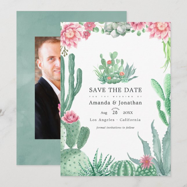 Reserva La Fecha Foto de boda de suculentas acuarela (Anverso / Reverso)