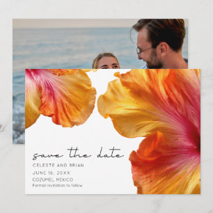 Reserva La Fecha Foto de Boda en la Playa con Hibiscos Tropicales