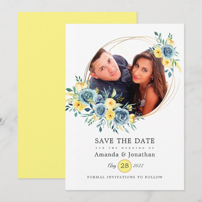 Reserva La Fecha Foto de Boda floral amarilla y turquesa (Anverso / Reverso)