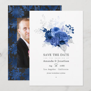 Reserva La Fecha Foto de boda floral azul real y plata