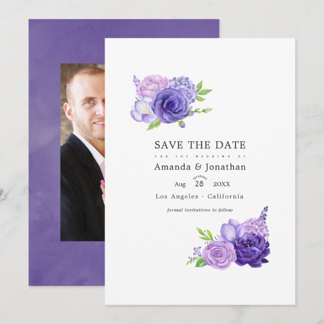 Reserva La Fecha Foto de Boda floral de acuarela ultra violeta (Anverso / Reverso)