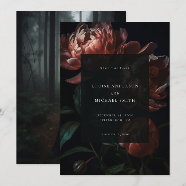 Reserva La Fecha Foto de Boda floral de peones negros románticos os (Anverso / Reverso)