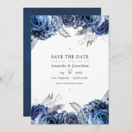Reserva La Fecha Foto de Boda floral de Relieve metalizado Navy and