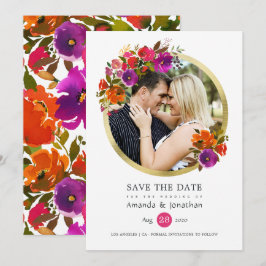 Reserva La Fecha Foto de Boda Floral Púrpura y Naranja