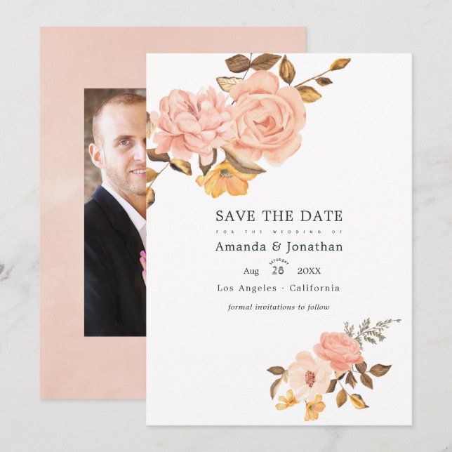 Reserva La Fecha Foto de boda floral rosa y dorado (Anverso / Reverso)