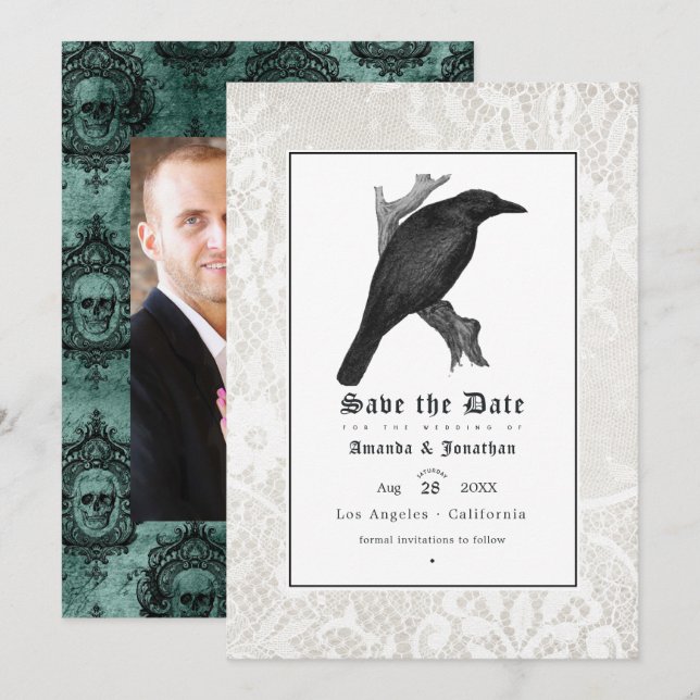 Reserva La Fecha Foto de boda gótica de cráneo y encaje (Anverso / Reverso)