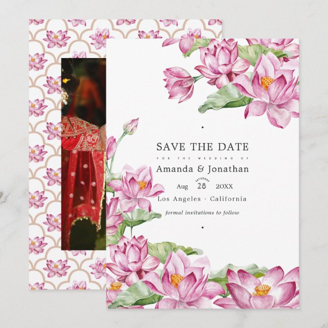 Reserva La Fecha Foto de boda india de flor de loto (Anverso / Reverso)