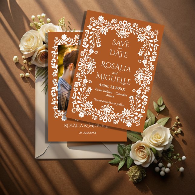 Reserva La Fecha Foto de boda mexicano Talavera terracotta (Talavera terracotta vintage folk art Mexican wedding photo Save The Date cards template)