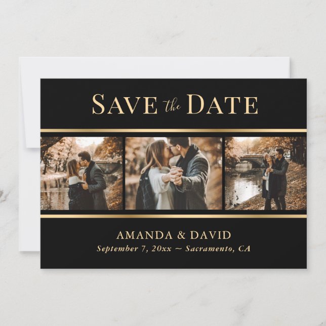Reserva La Fecha Foto de Boda moderno elegante de oro negro (Anverso)