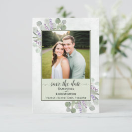 Reserva La Fecha Foto de boda verde rústica de eucalipto y lavanda