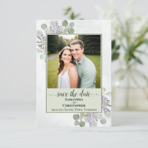 Reserva La Fecha Foto de boda verde rústica de eucalipto y lavanda