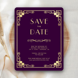 Reserva La Fecha Foto de boda vintage Art Déco púrpura dorado