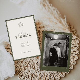 Reserva La Fecha Foto de boda vintage en verde oliva con estilo de