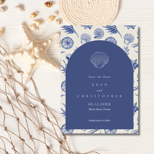 Reserva La Fecha Foto de bodas en la playa de Seashell (Seashell Beach Wedding Photo Save The Date)
