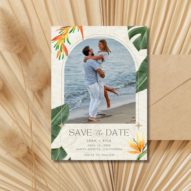Reserva La Fecha Foto de bodas en playa tropical (Tropical Beach Wedding Photo Save The Date)