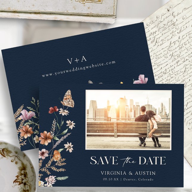 Reserva La Fecha Foto De Boho Azul De La Marina Salva La Fecha (Navy Blue Autumn Boho Photo Save The Date Monogrammed on Back with Butterfly by Painted Paperie
)