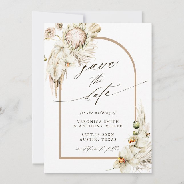 Reserva La Fecha Foto de Boho Protea Pampas Boda Floral Grasa (Anverso)