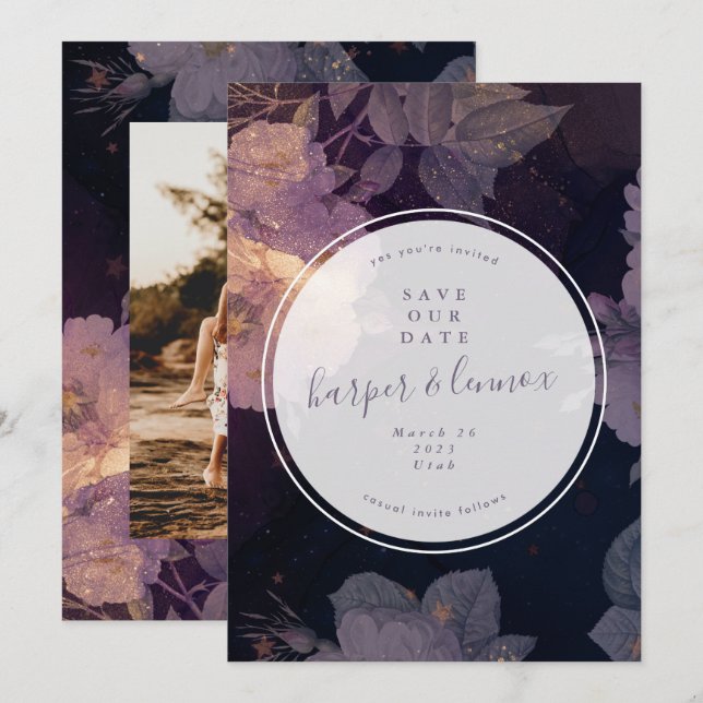 Reserva La Fecha Foto de Boho Purple Floral Winter Circle (Anverso / Reverso)