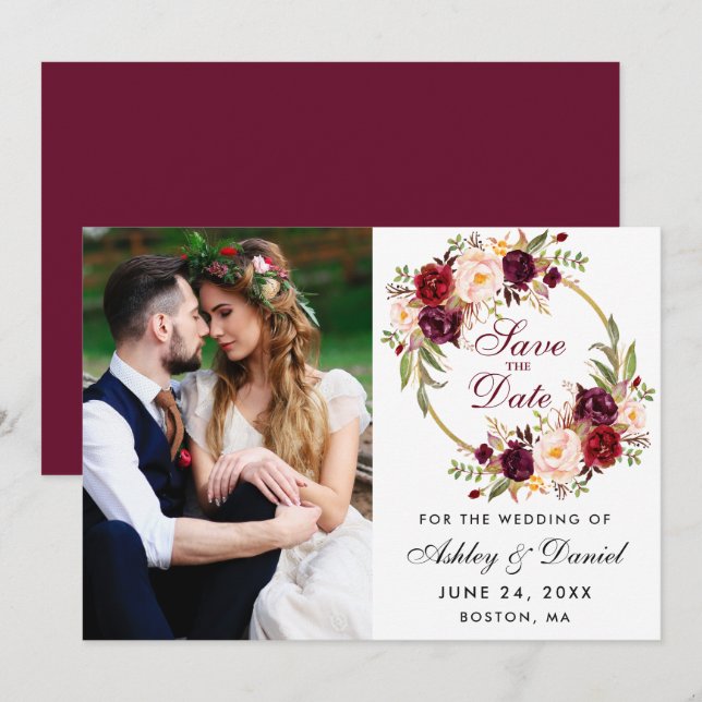 Reserva La Fecha Foto De Burgundy Floral Wreath Save The Date (Anverso / Reverso)