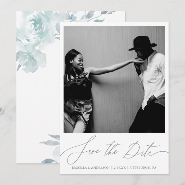 Reserva La Fecha Foto de caligrafía floral azul Delicada (Anverso / Reverso)