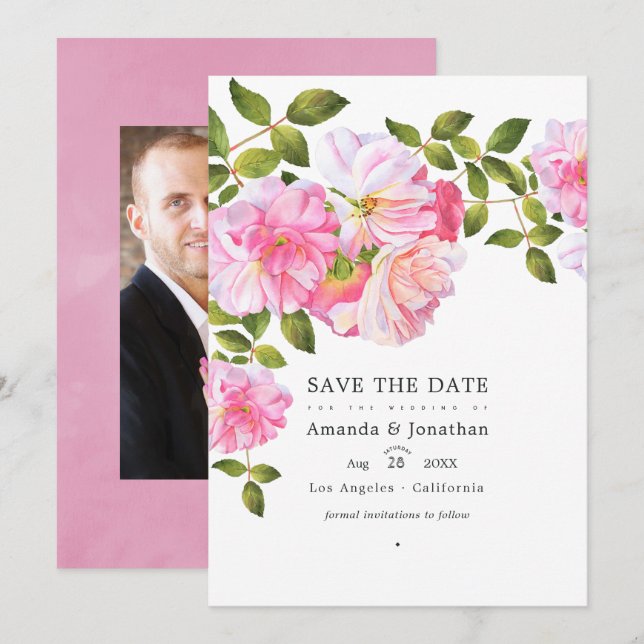 Reserva La Fecha Foto de casamiento en el jardín rosa rosa (Anverso / Reverso)