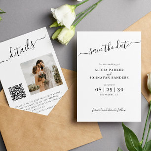 Reserva La Fecha Foto de código QR elegante boda simple blanco negr