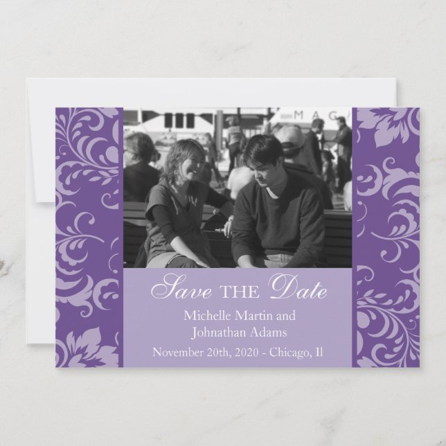 Reserva La Fecha Foto De Damask Side Save The Dates (Púrpura) (Anverso)