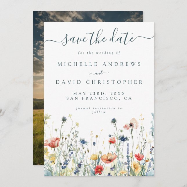 Reserva La Fecha Foto de flores silvestres vibrantes (Anverso / Reverso)