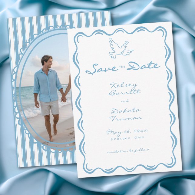 Reserva La Fecha Foto de franja floral dibujada a mano azul caprich (Whimsical Blue Hand Drawn Floral Stripe Photo Save The Date)
